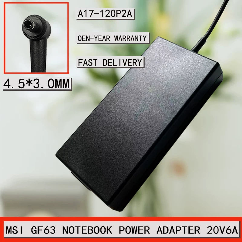 Genuine New  AC Adapter Charger for MSI GF63 notebook power adapter 20V 6A 4.5*3.0MM 5.5*2.5mm Power supply  MSI laptop repair parts