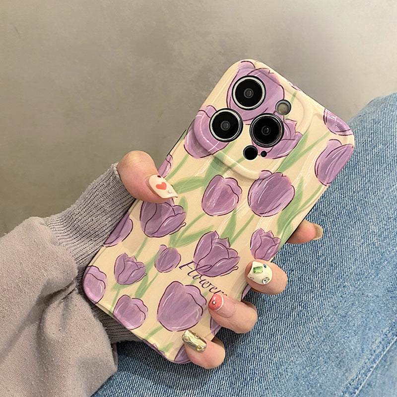 Accessories ins wind purple tulip flower for apple 15promax mobile phone case iphone14pro premium sense 13p