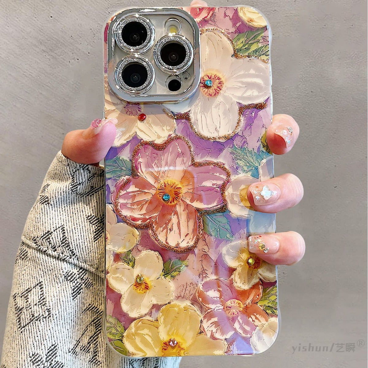 Accessories for Apple 15ProMax mobile phone case iPhone14 Hyunya wind blue light point diamond oil painting flower 12 glitter mirror