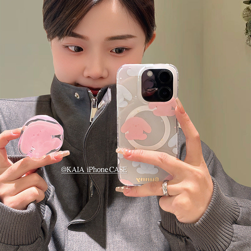 Accessories cute pink rabbit magnetic suction bracket for apple 15promax mobile phone case iphone14 new 12 double layer 13