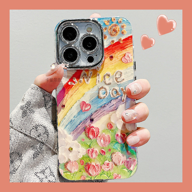 Accessories for premium art oil painting rainbow flower bracelet iphone15pro max phone case apple 13 new