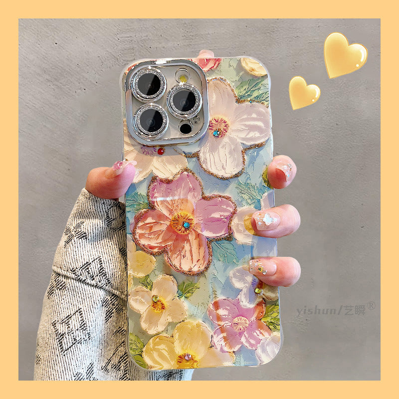 Accessories for Apple 15ProMax mobile phone case iPhone14 Hyunya wind blue light point diamond oil painting flower 12 glitter mirror