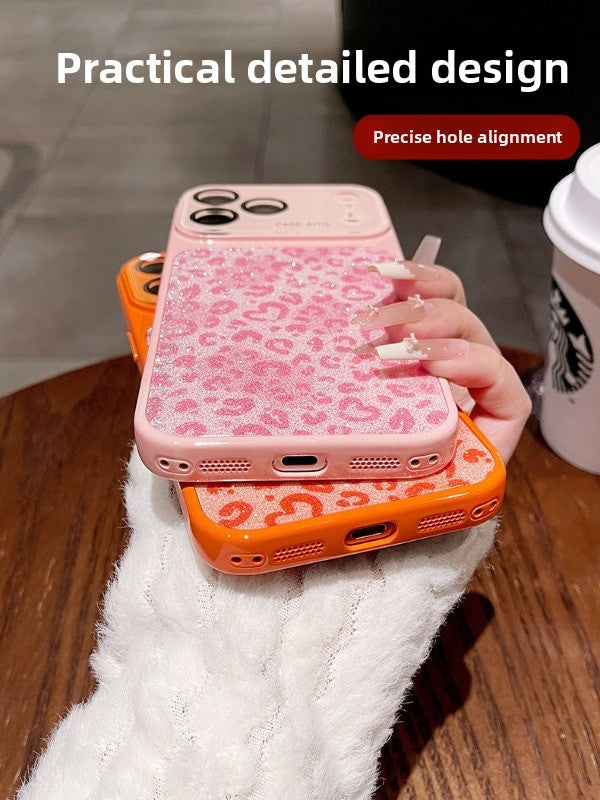 Glitter love leopard print for iPhone 17promax mobile phone case new iPhone16 seconds change 17pro large window lens film all-inclusive 15pro sweet cool women's shell Phone accessories