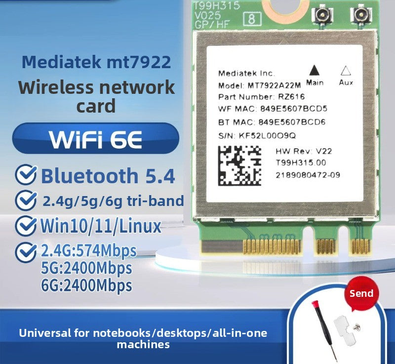 Wifi card for MT7922/MT7925/MT7902 WiFi6 WiFi6E MediaTek AW-XB604NF MT7921K MT7927 MT7922A22M MT7902 MT7925B22M RZ616 RZ608 RZ717 RZ608 0C011-00300100 0R5DHJ Wireless network interface card Bluetooth 5.4 Laptop Desktop AMD