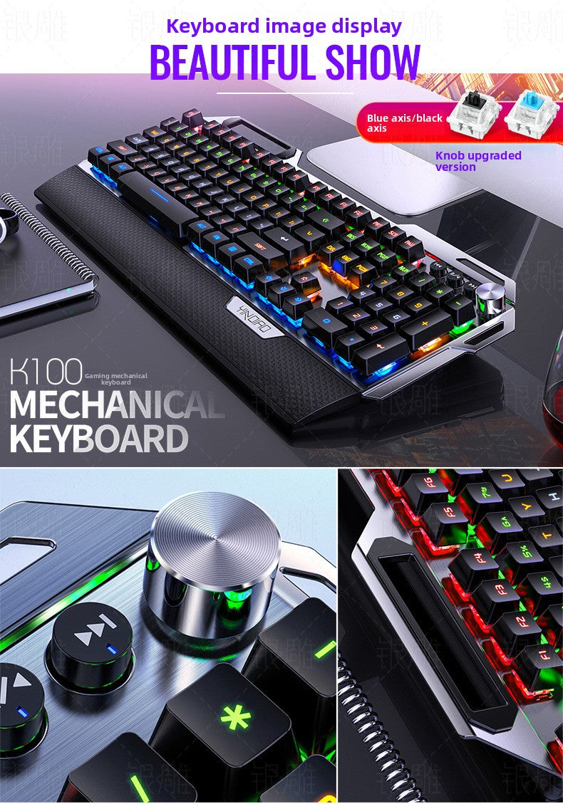Silver engraving K100 metal real mechanical keyboard, hand rest knob game blue axis wired USB