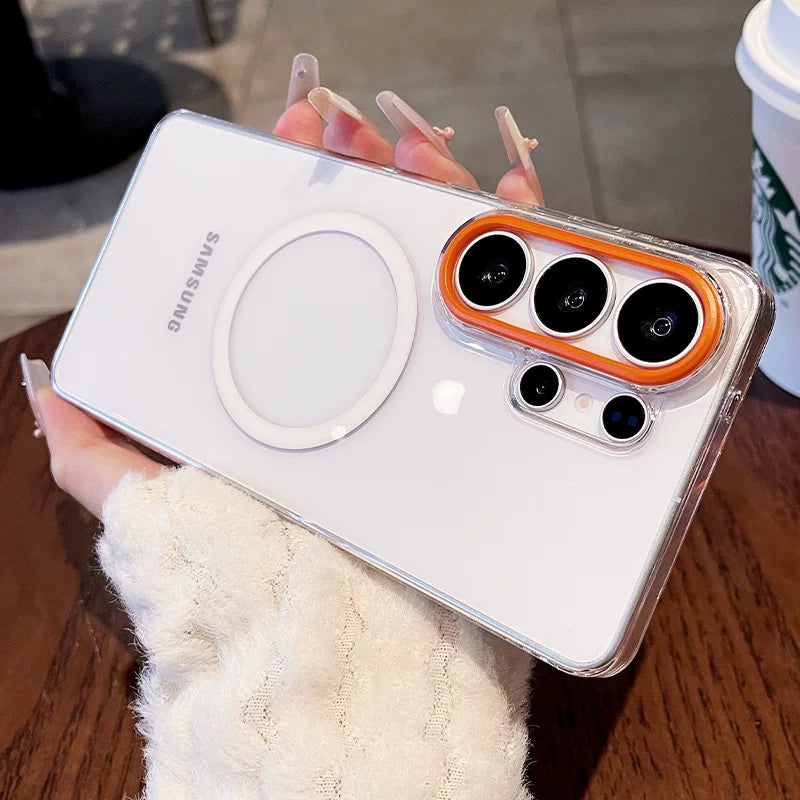 Metal lens for Samsung S26ultra phone case, new S26+  S25 Ultra protective case transparent magnetic full-coverage shockproof ultra-thin S25ultra women's premium hard case phone accessories
