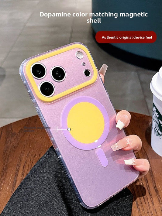 Fluorescent color magnetic suction for iPhone 17promax mobile phone case New iPhone16 Macaron glitter fine sand back plate protective case 15pro contrasting color round label magnetic case Phone accessories