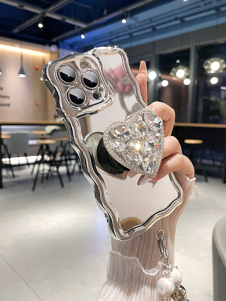 Accessories Silver mirror love rhinestone bracket for Apple 14promax mobile phone case iphone13 new 12pro