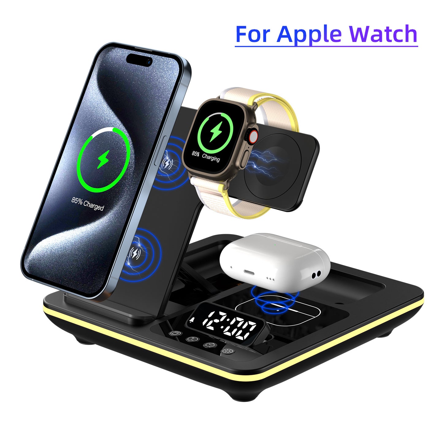 Popular folding three-in-one wireless charger, desktop mobile phone holder, multi-function clock digital display wireless charging