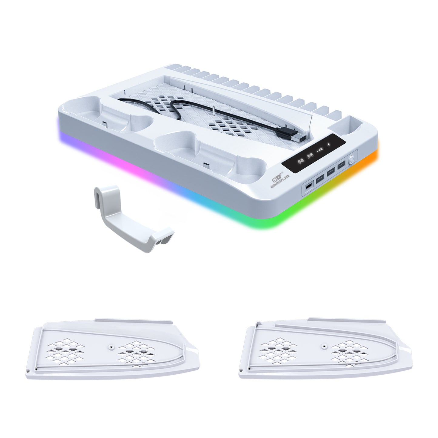 The PS5 slim/pro cooling base Stand with RGB lights PS5 controller charging dock for storing game discs  headphones