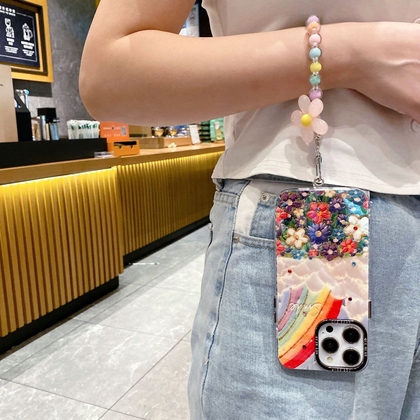 Accessories [Apple] iphone15/13/14promax rainbow color flower diagonal span bracelet anti-drop women's new mobile phone case