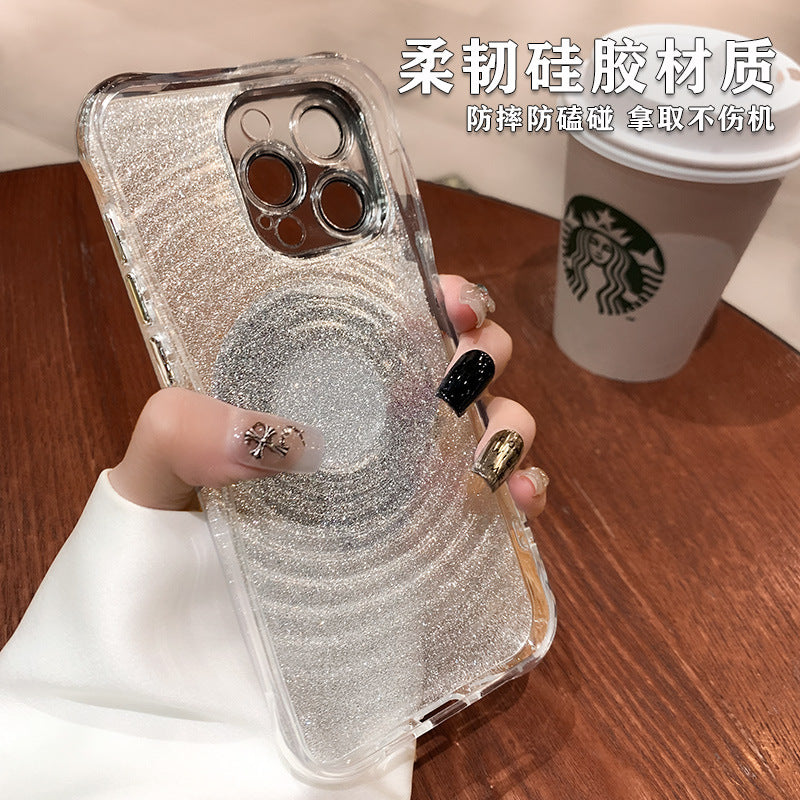 Accessories glitter Apple 15promax mobile phone case new iPhone14 four corners anti-drop 13 mirror magnetic suction bracket 12 women