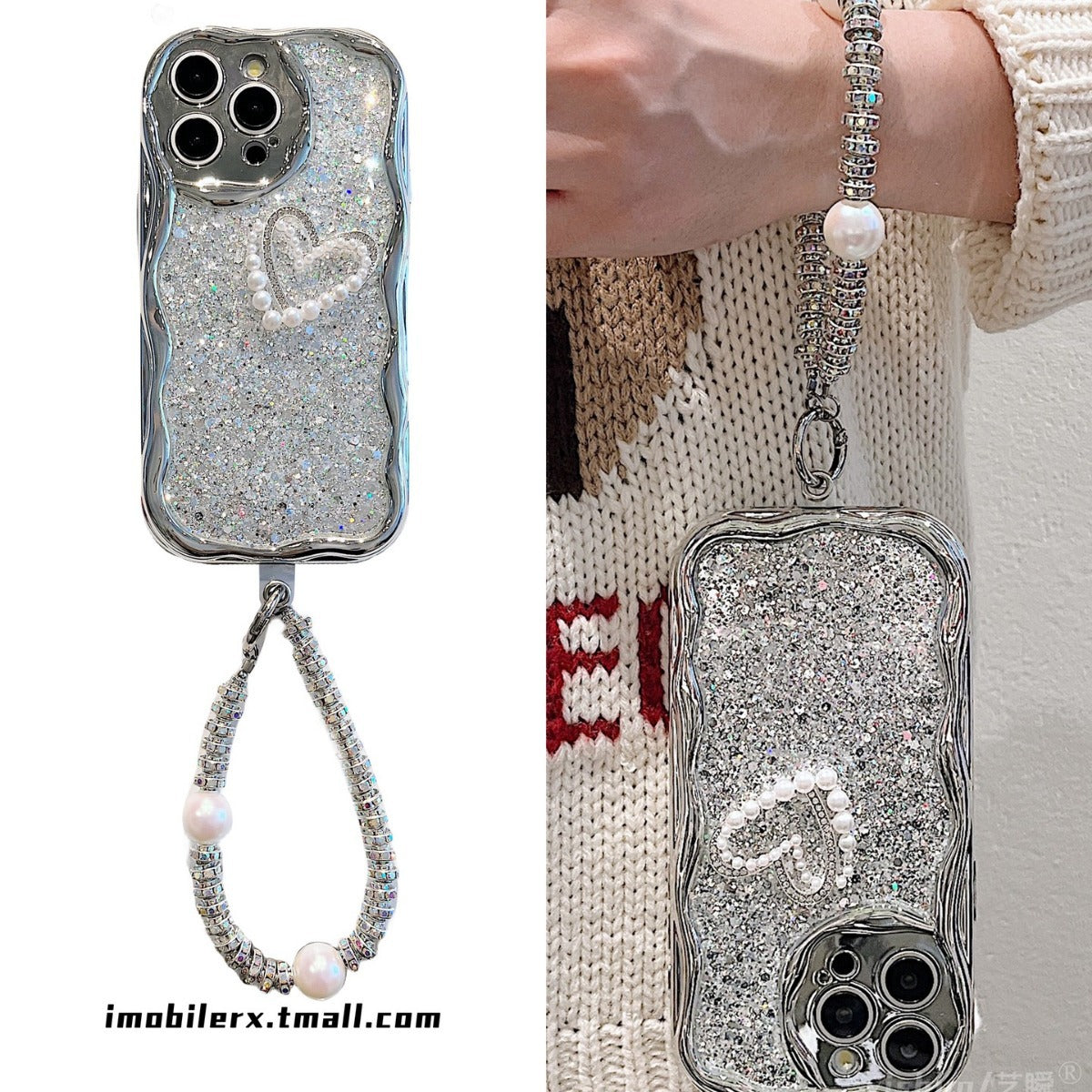 Accessories for Apple 15ProMax mobile phone case iPhone14 premium feeling covered with glitter sequins 12 light luxury pearl chain