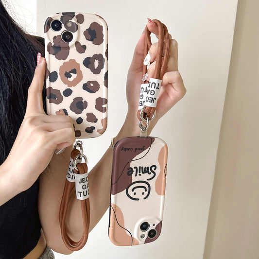 Accessories Apple 12iphone15/13/14promax anti-drop autumn and winter ins leopard print smiley face bowl with hand rope mobile phone case