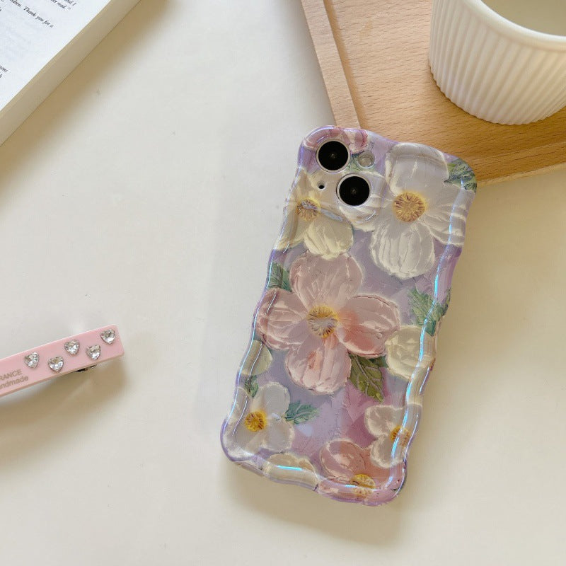 Accessories green purple bottom oil painting flower twist edge mobile phone tide case Internet celebrity iPhone case new creative iPhone 15 Apple