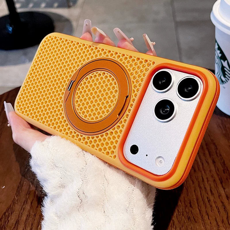Two-color honeycomb bracket for iPhone 17promax mobile phone case New iPhone16 contrasting color honeycomb heat dissipation with 360 ° rotating bracket 15pro breathable, shell Phone accessories