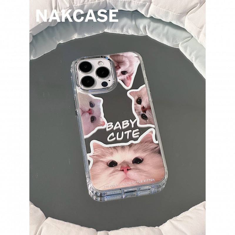 Accessories ins cute pet electroplated mirror big face cat apple 14promax/iPhone13/12pr mobile phone case