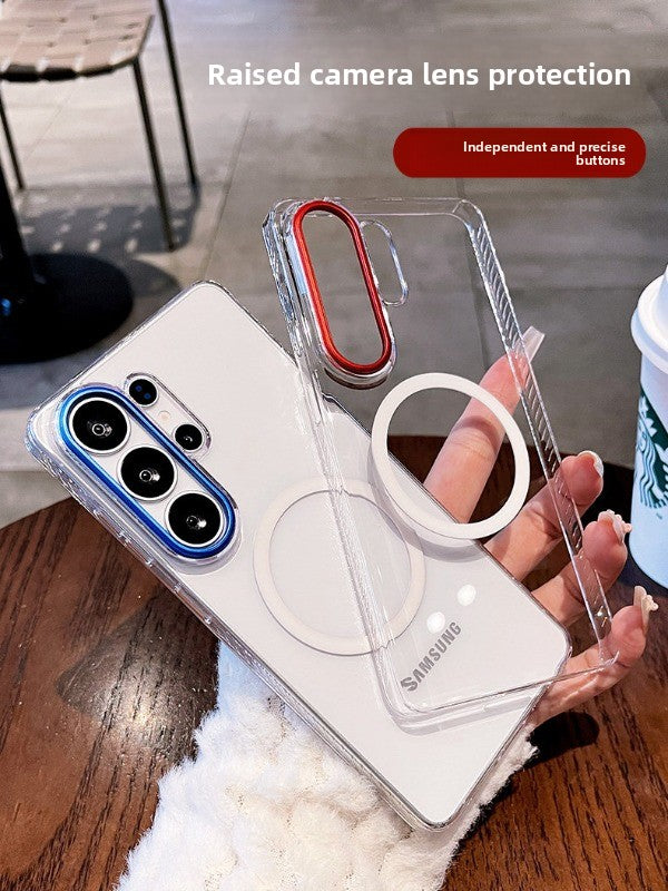 Metal lens for Samsung S26ultra phone case, new S26+  S25 Ultra protective case transparent magnetic full-coverage shockproof ultra-thin S25ultra women's premium hard case phone accessories