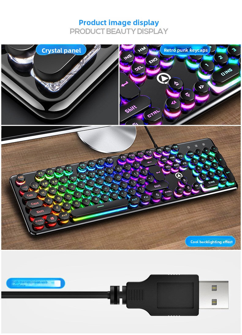Silver V7 crystal mechanical feel game wired keyboard round punk keycap glow
