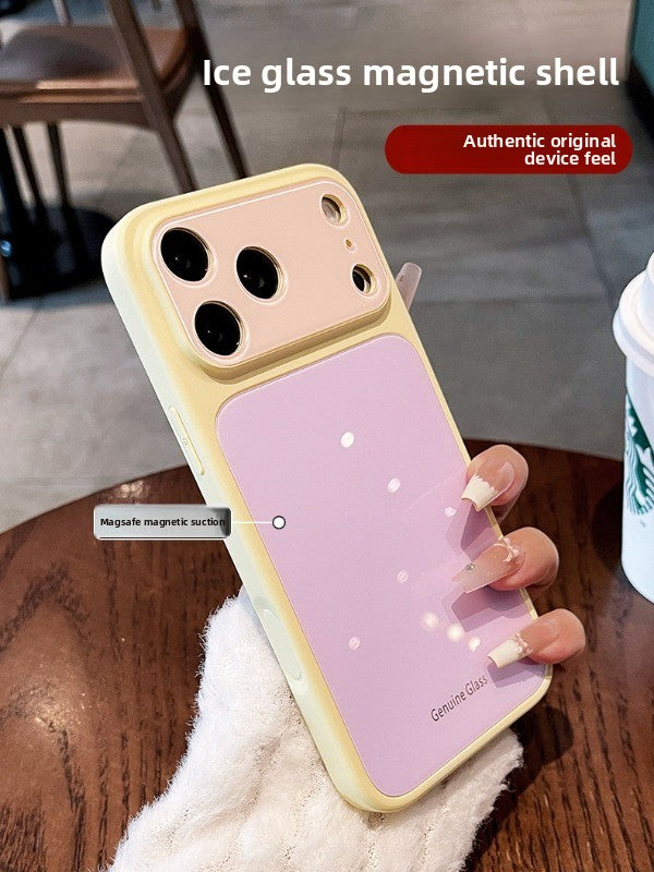 Ice glass magnetic suction For iPhone 18promax mobile phone case New iPhone17 dopamine contrasting splicing Built-in magnetic suction 16pro silicone soft edge women's case Phone Accessories
