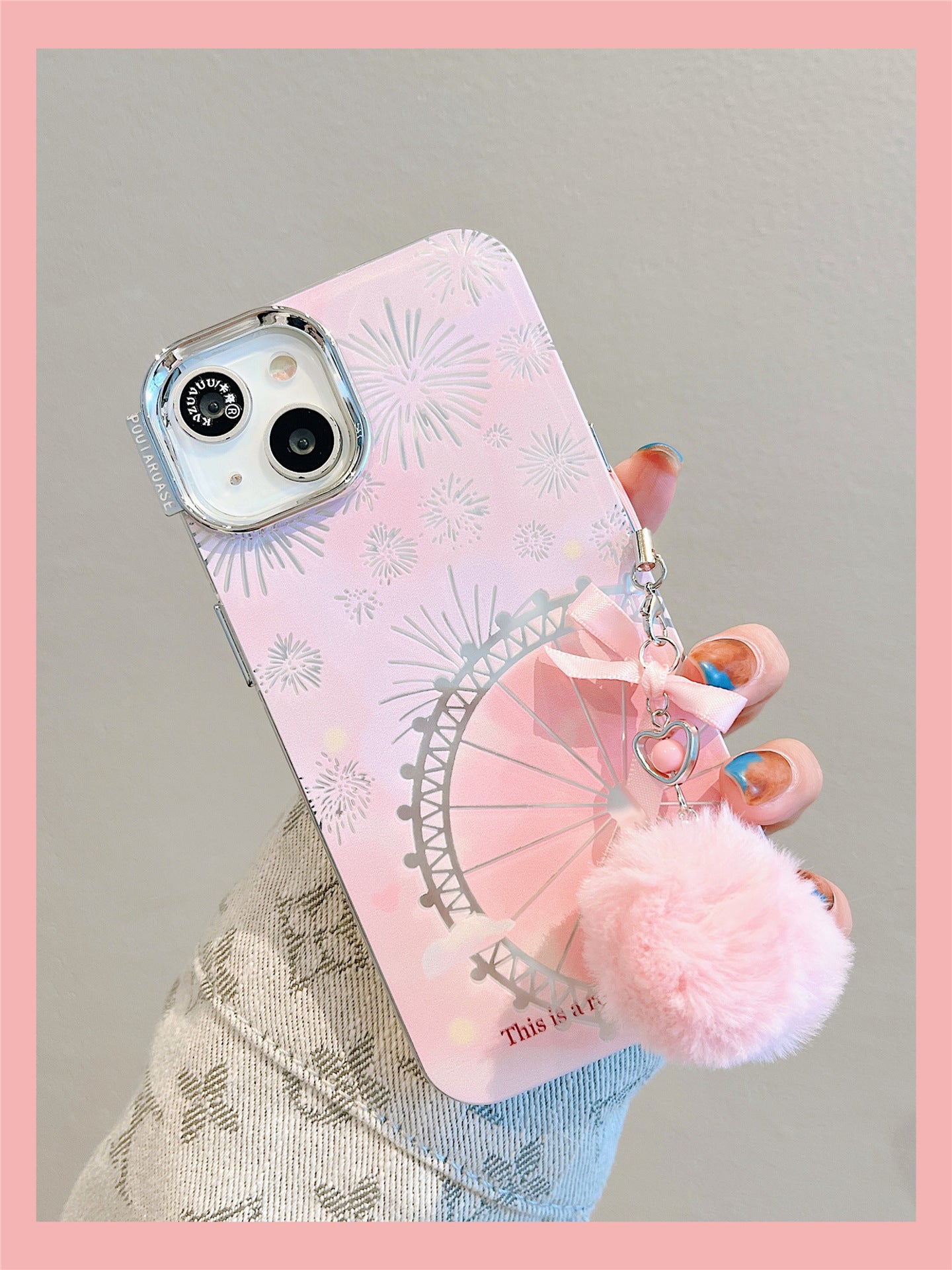 Accessories for Apple 14 mobile phone case iphone15promax pink Ferris wheel fireworks plush bow pendant 13