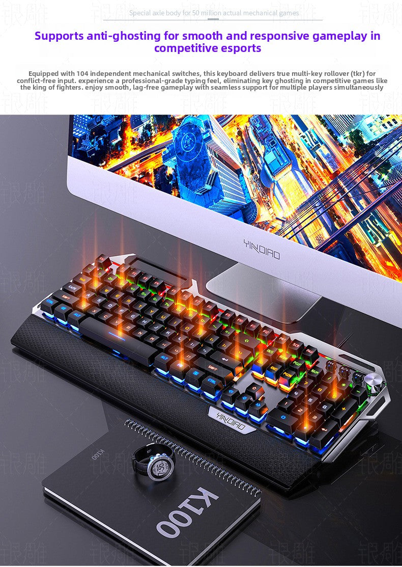 Silver engraving K100 metal real mechanical keyboard, hand rest knob game blue axis wired USB