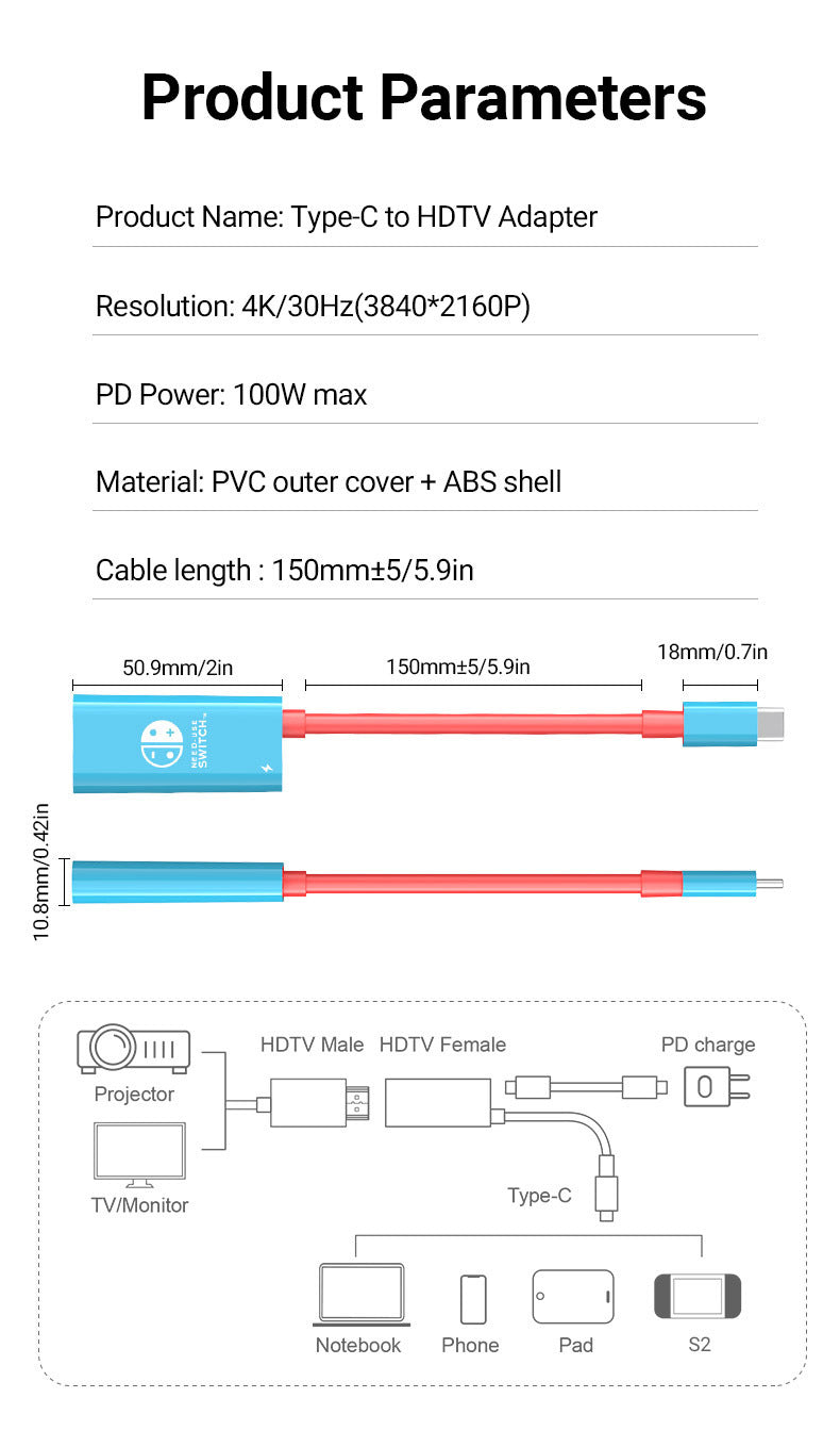 Switch converter type-c adapter cable mobile phone computer same screen cable 4k30hz video high definition screen cable