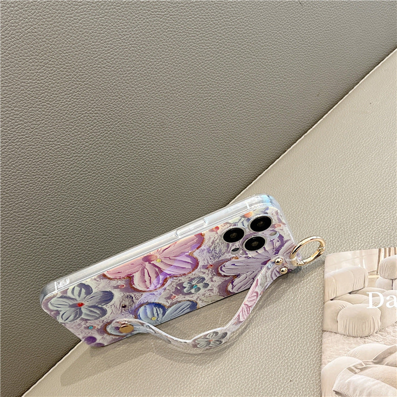 Accessories (Shipping fee not included) Applicable to iphone14promax mobile phone case Apple 13 oil painting flower wristband 11 blue light dot diamond 12 Korean women's models