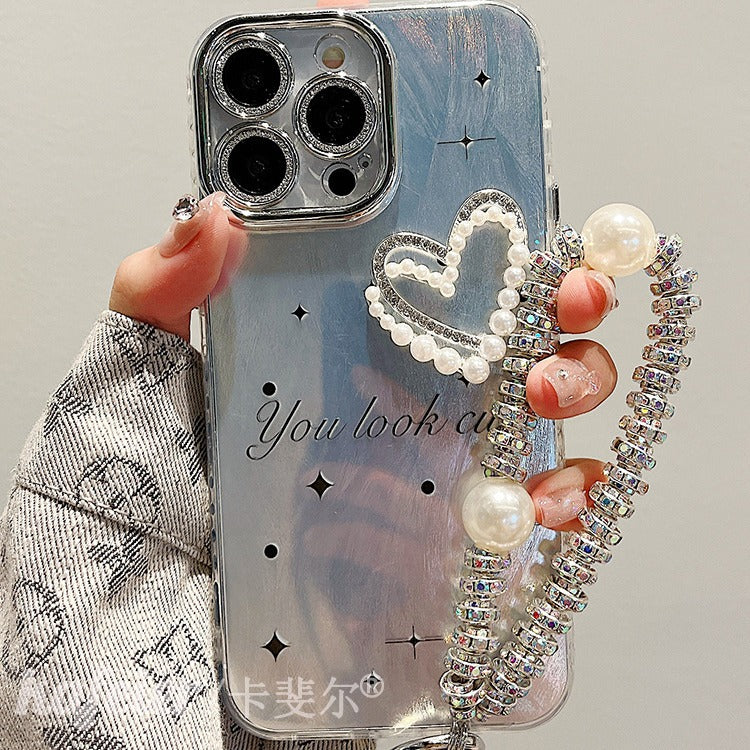 Accessories Suitable for high-end silver feather yarn three-dimensional love bracelet iphone14promax mobile phone case Apple 15 new model