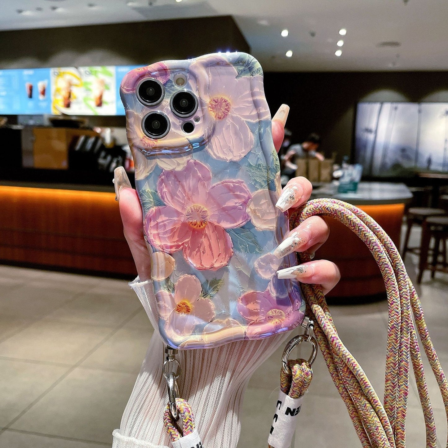 Accessories Premium Sense Blue Light Oil Painting Camellia Applicable iPhone13 Mobile Phone Case Apple 15promax Crossbody Strap 14