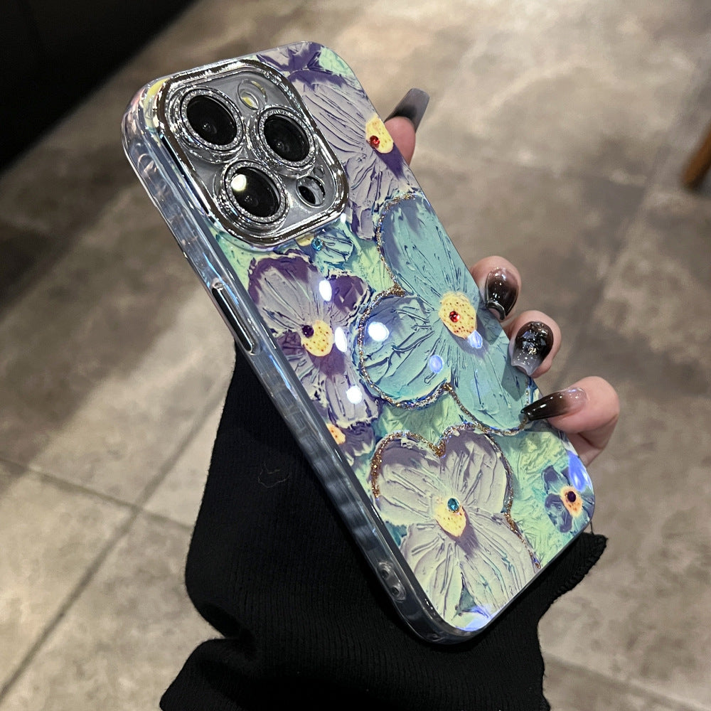 Accessories Korean point drill oil painting soft silicone glitter lens for iPhone 15 mobile phone protective case iphone14promax