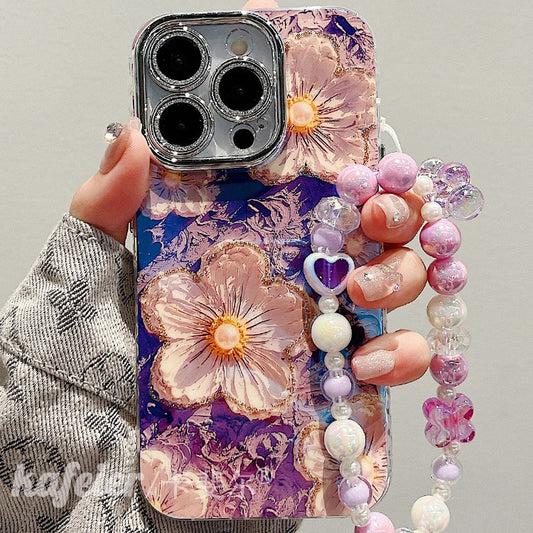 Accessories for premium blue light oil painting pearl flower chain iphone15pro max mobile phone case apple 14 new