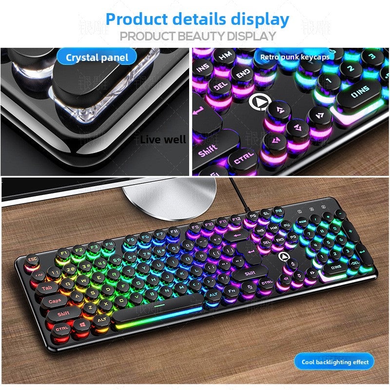 Silver V7 crystal mechanical feel game wired keyboard round punk keycap glow