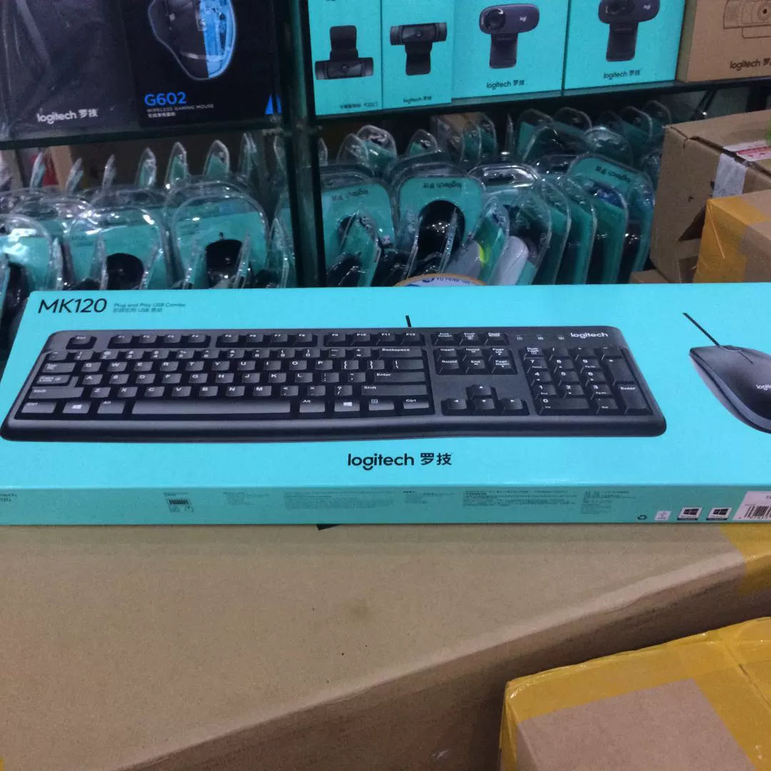 Boxed genuine, Logitech MK120 wired keyboard, mouse, keyboard and mouse set with dual USB ports, black/white.