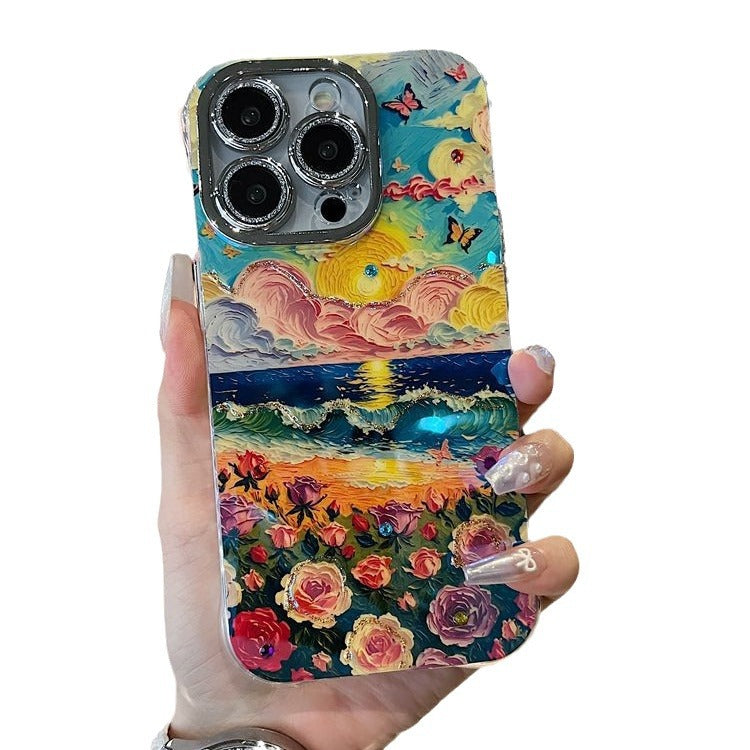 Accessories for Apple series iPhone15 new shell Blu-ray retro women's Internet celebrity sunset flower sea creative all-inclusive 14