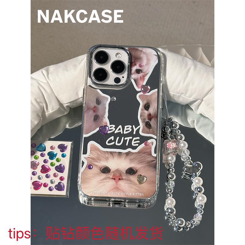 Accessories ins cute pet electroplated mirror big face cat apple 14promax/iPhone13/12pr mobile phone case