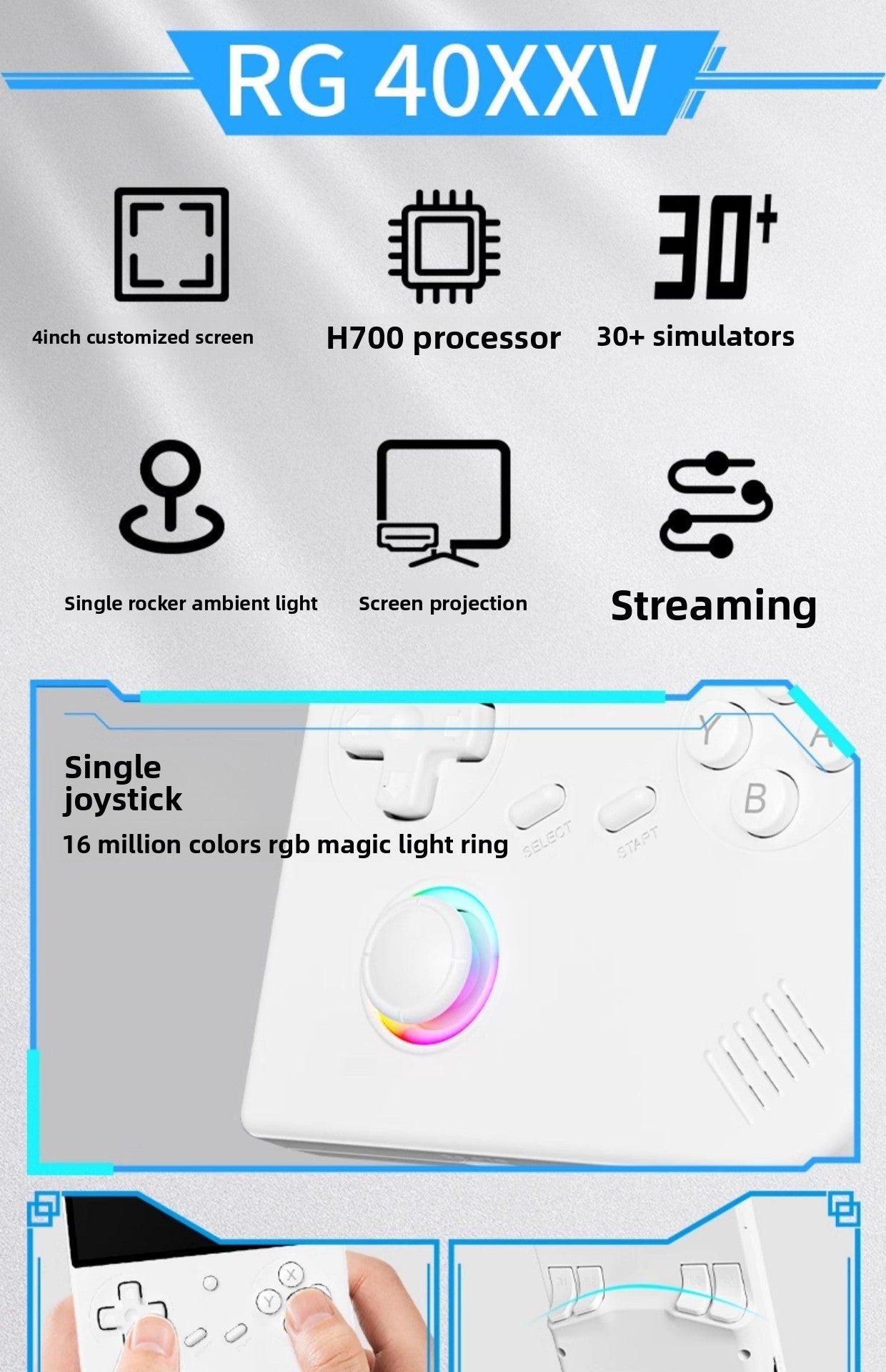 4" inch RG40XXV IPS HD RGB joystick 3200mAh rechargable Linux 64 Support screen projection games Handheld Game Player console ambient light retro portable handheld