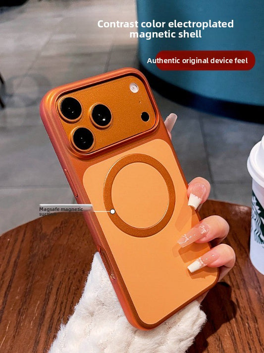 Contrast color electroplating magnetic suction for iPhone 17promax mobile phone case New iPhone16 matte texture strong magnetic adsorption hard case 15pro simple niche case Phone accessories