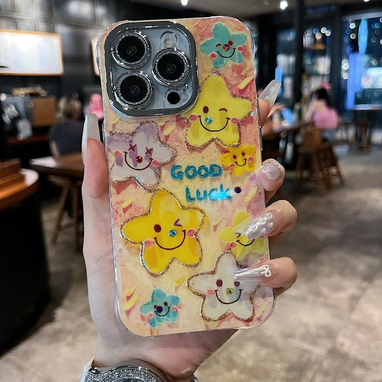 Accessories are suitable for Apple series iPhone15 new shell, cute smudge powder, multiple smiley faces, all-inclusive stars, anti-drop 14 tide