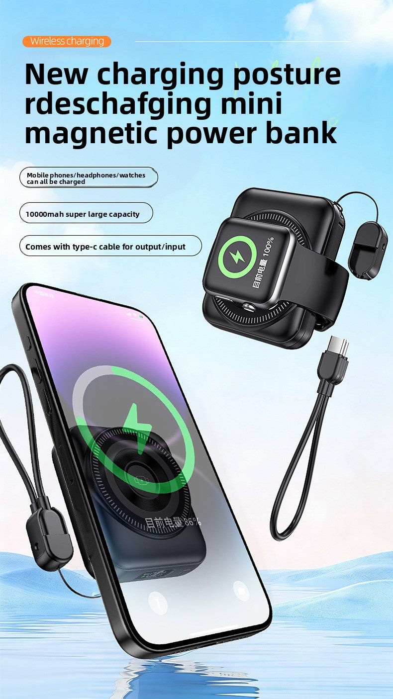 3-in-1 fast charging mobile power supply for mobile phones, earphones, watches, 10,000 mAh with cable, magnetic power bank.