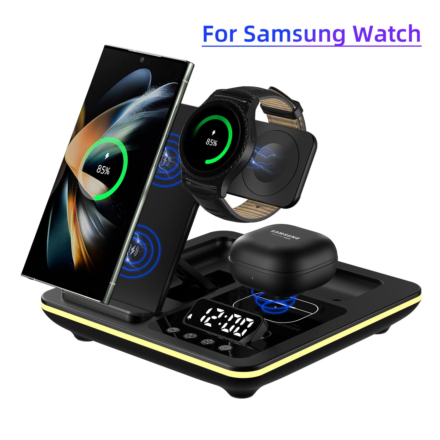 Popular folding three-in-one wireless charger, desktop mobile phone holder, multi-function clock digital display wireless charging