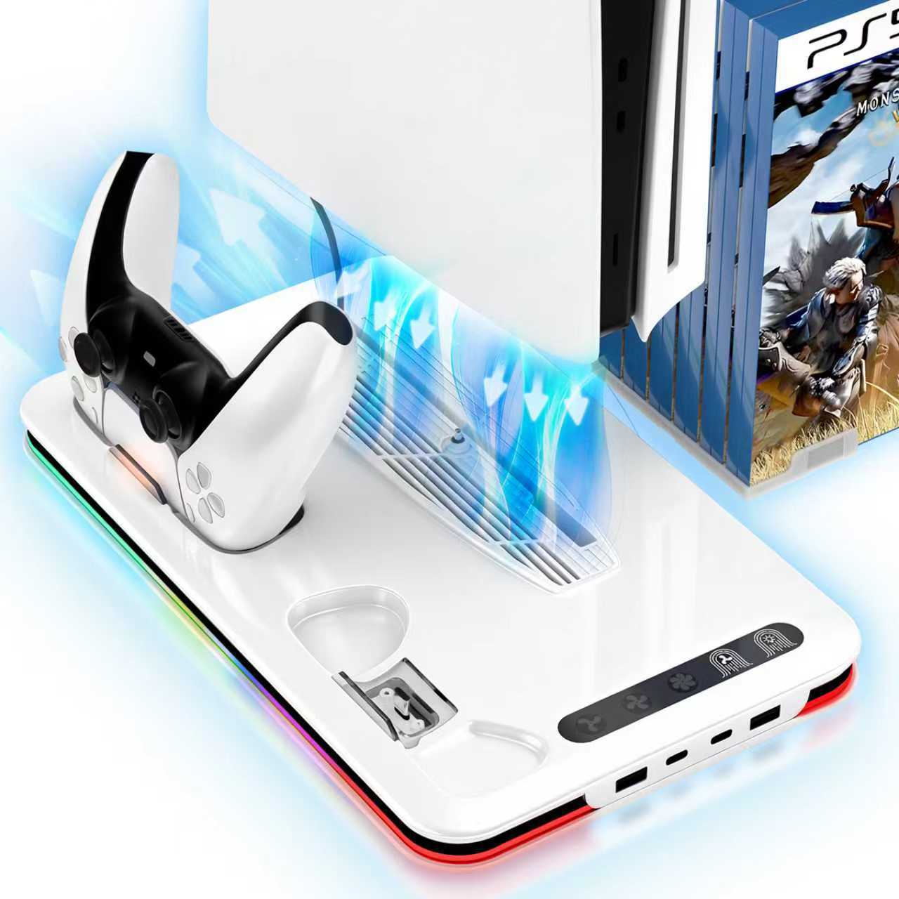 PS5/SLIM/PRO Multifunctional Host Cooling Fan Seat Charger Host Cooling Base Storage Rack with RGB Light
