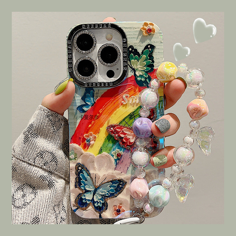 Accessories for premium oil painting rainbow butterfly flower bracelet iphone15pro max mobile phone case apple 14 new