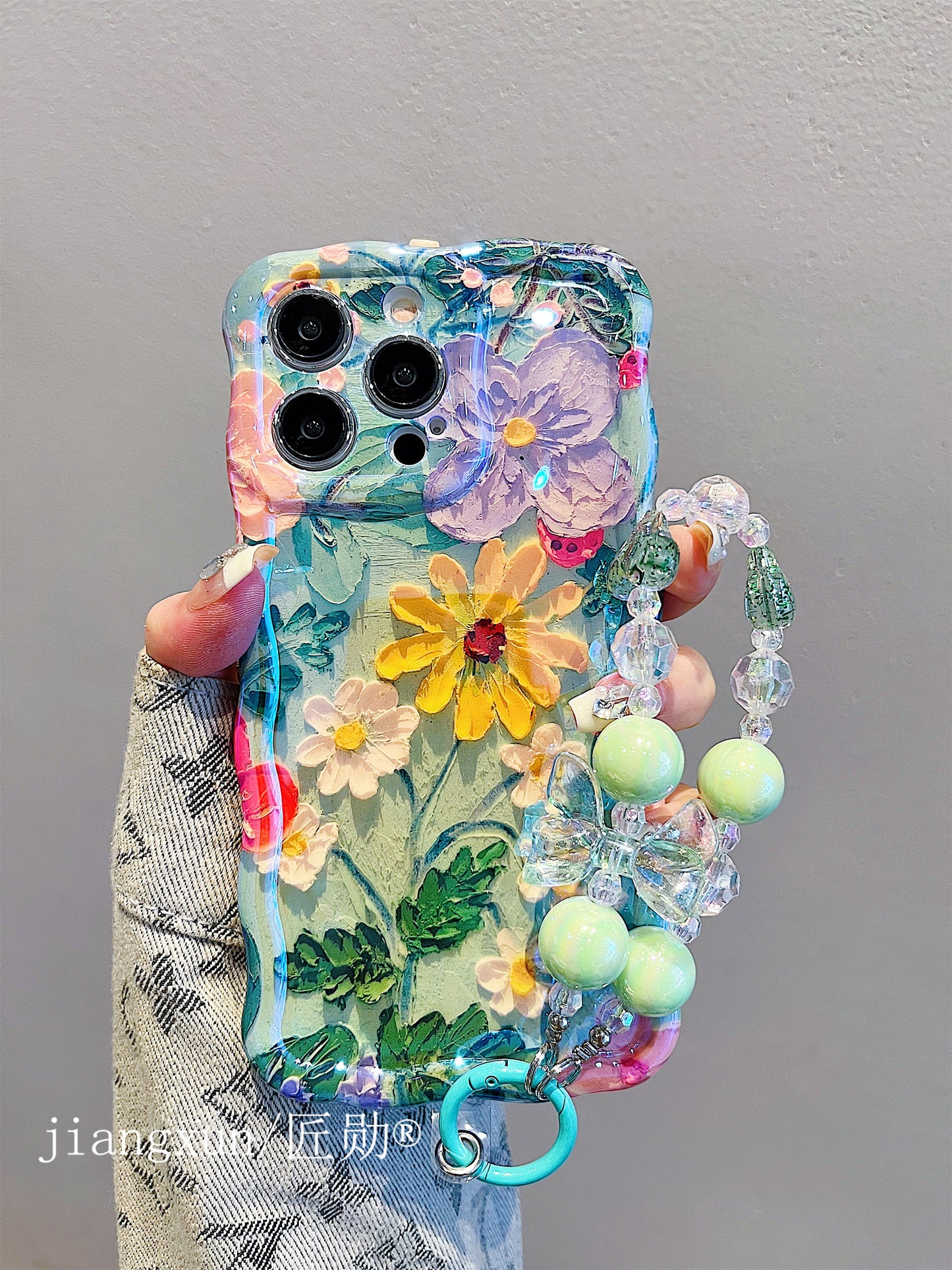 Accessories for iphone15promax mobile phone case 13 blue oil painting green flower daisy 14 new 14promax