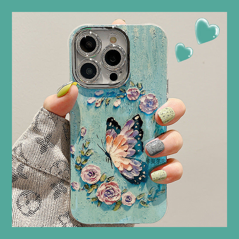 Accessories for high-end aesthetic oil painting flower butterfly bracelet iphone15pro max mobile phone case apple 13 new