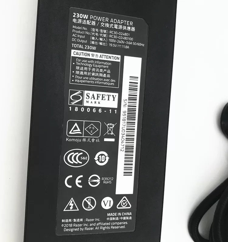 Genuine New RC30-024801 230W 19.5V 11.8A AC Adapter Charger for Razer Blade 15 GTX 1060 1070 RTX 2070 2080 Razer Blade Pro 17 / 4K Blade 14 16 18 RZ09-02886 power supply Razer laptop repair parts