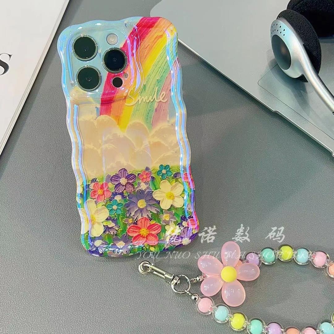 Accessories [Apple] iPhone14/13/12promax anti-drop blue light rainbow flower hand beads women's new mobile phone case