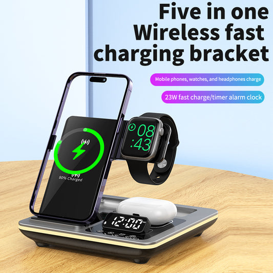 Popular folding three-in-one wireless charger, desktop mobile phone holder, multi-function clock digital display wireless charging