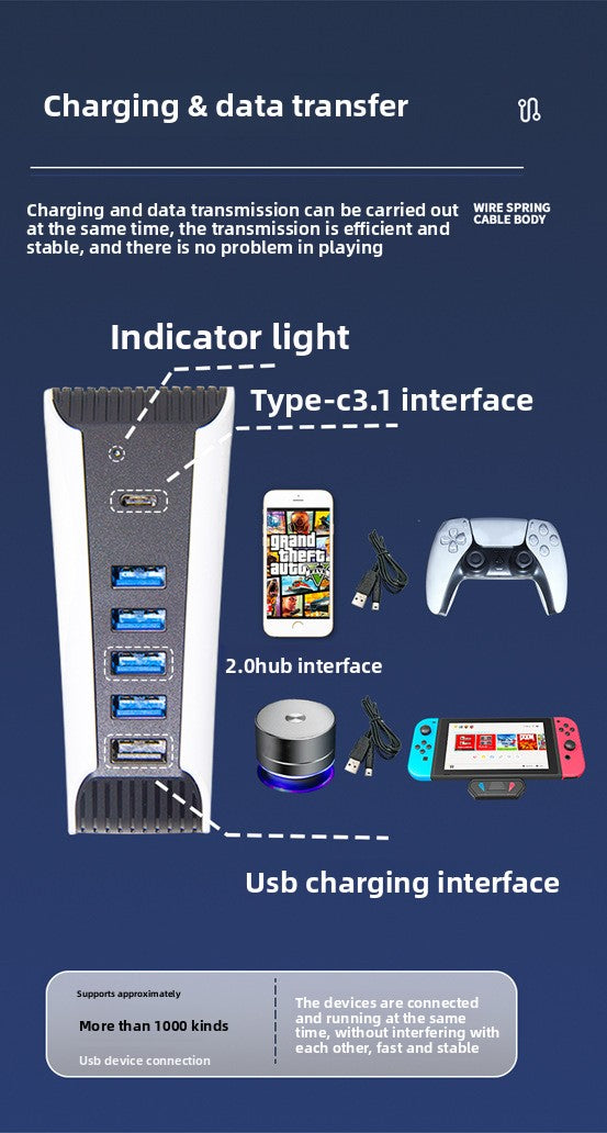 New PS5 HUB converter USB2.0 high-speed transmission one-to-five line expander PS5 accessories