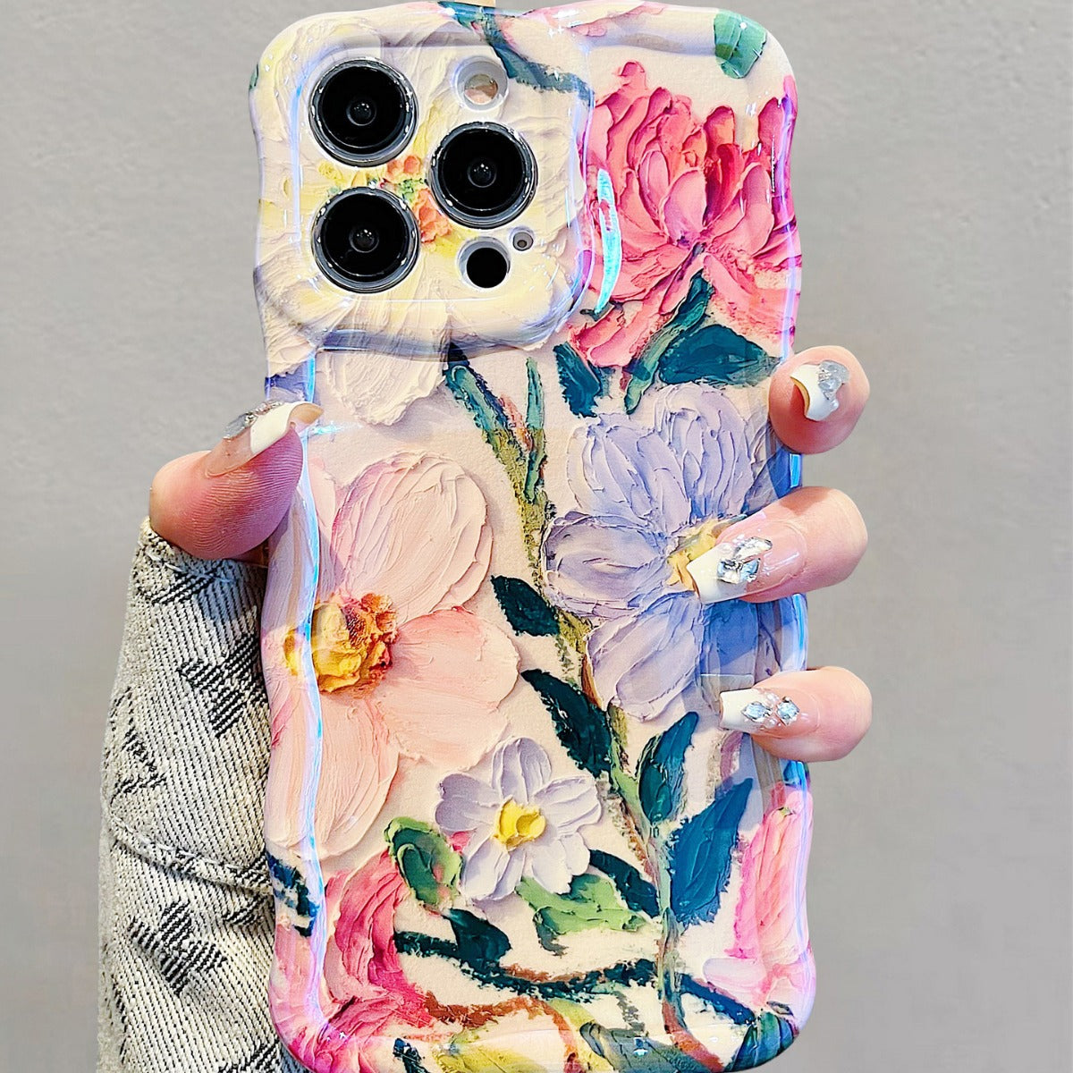 Accessories for iPhone15promax phone case 13/14 blue oil painting flower ins wind 14promax apple 15